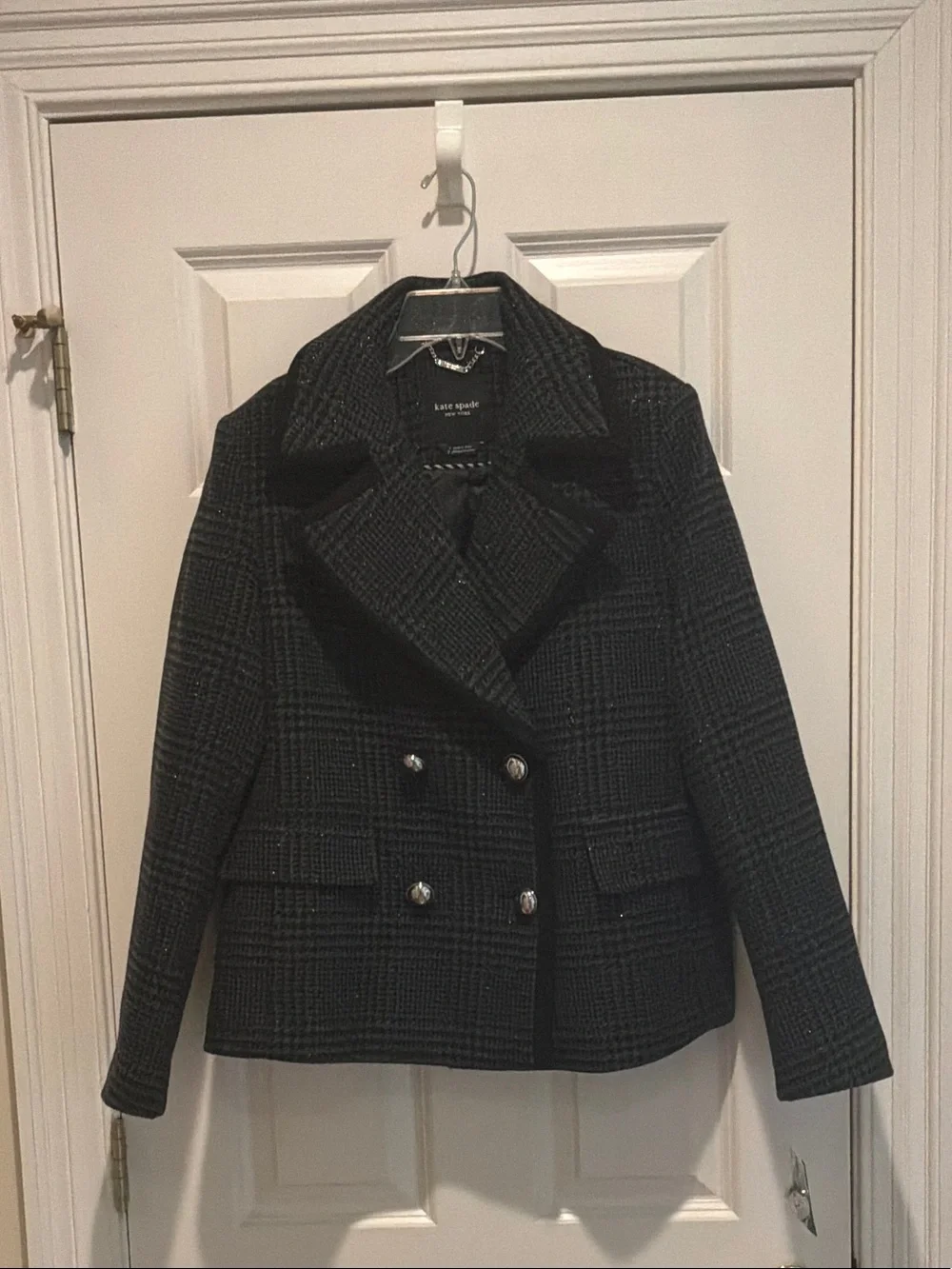 kate spade Black Textured Double-Breasted Peacoat
